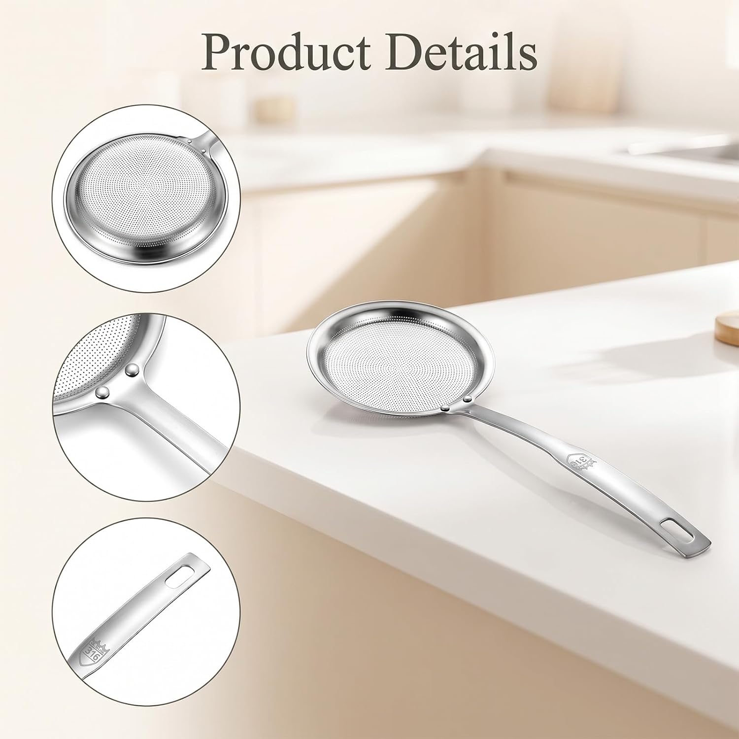 Fine Mesh Skimmer Spoon with Long Handle, 12.6" Stainless Steel
