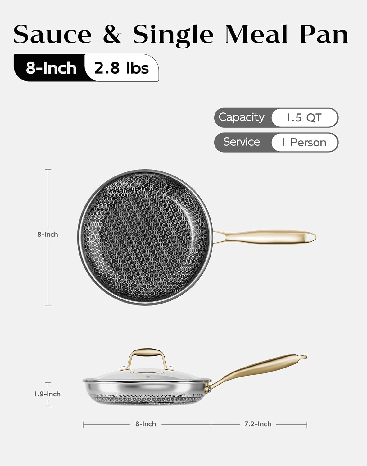 Honeycomb Stainless Steel Nonstick Frying Pan with Lid 8 Inch, Induction Cooktop Compatible Skillet, PFOA-Free Scratch-Proof, Dishwasher & Oven Safe, Stay-Cool Handle, Gold Kitchen Cookware