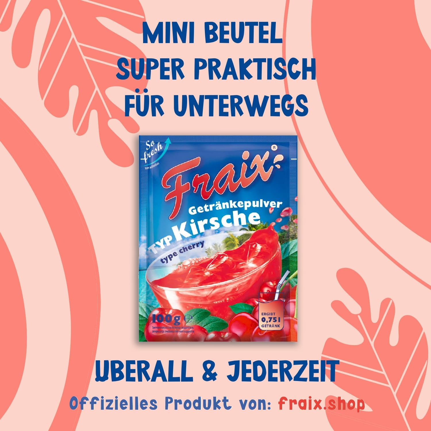 FRAIX Proszek do napojów, wiśnia, opakowanie 100 sztuk (100 x 100 g), proszek owocowy o smaku wiśni, idealny w podróży, na przyjęcie urodzinowe