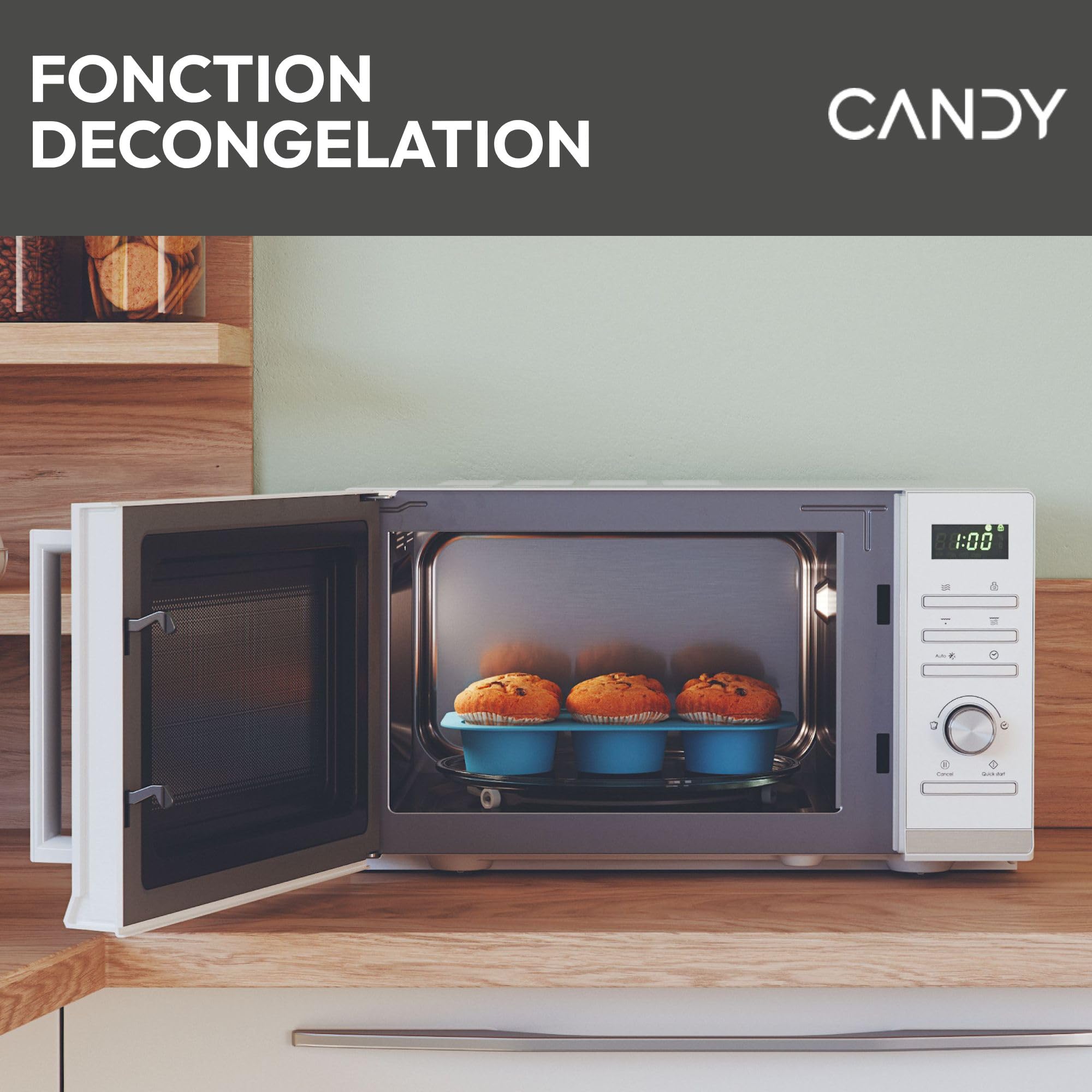 Candy Moderna CMGA23TNDW Four Micro-ondes Gril 900W 23L Digital, Fonction Décongélation, Plateau Tournant, 11 Niveaux de Puissance,19 Menus Auto, Grille Métal, Cuisson Express, Sécurité Enfant,Blanc