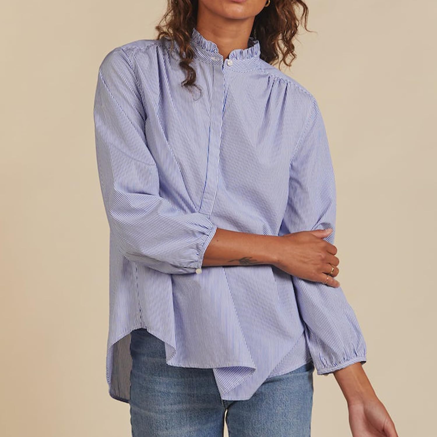 Womens Blue White Stripe Shirt Long Sleeve Standup Ruffle Collar Blouse Dressy Business Casual Tops - Image 6