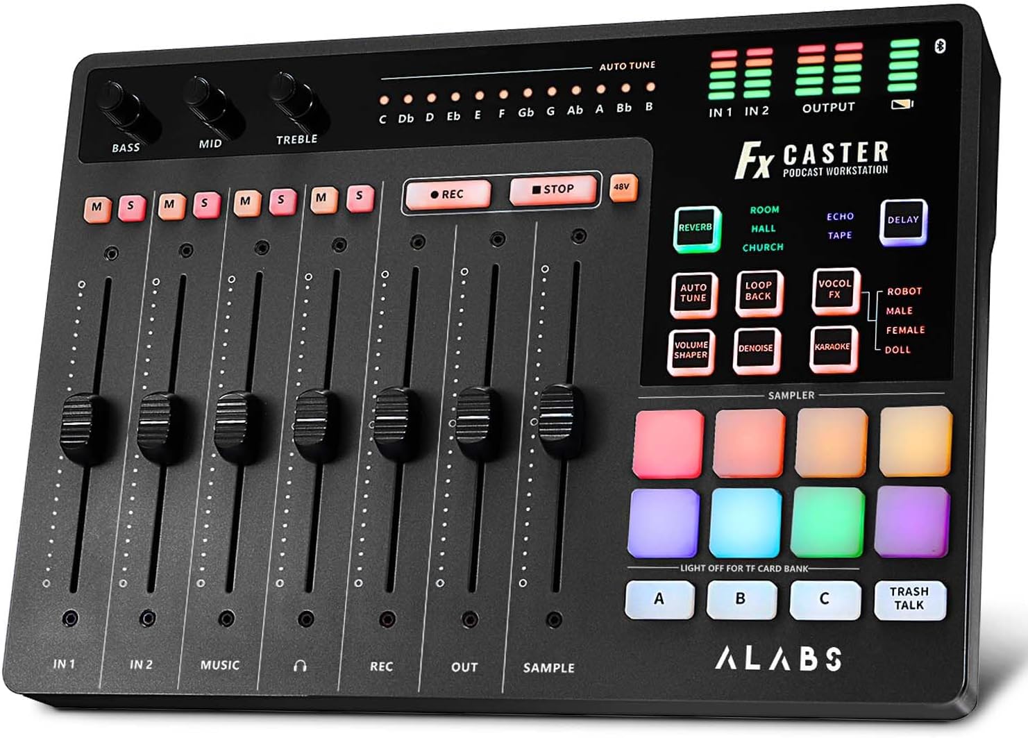 ALABS Fxcaster Audio Interface, Podcast Equipment with 7 controls, Podcast mixer with Pro-preamp,48V Phantom Power, Bluetooth,32 Customize sound pads for Recording,Streaming,Youtube, TikTok,PC,Guitar