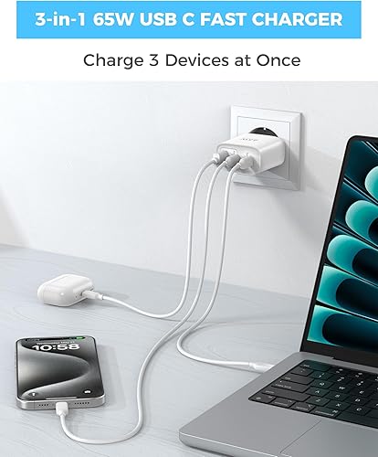 Miniatura 3 de Bloque de cargador USB C de 65 W, cargador de pared GaN de 3 puertos, plegable, compacto, tipo C, carga rápida para MacBook Pro/Air, para iPhone