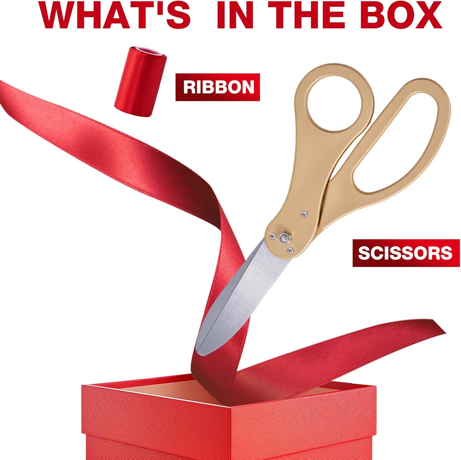 COMSIS Ribbon Cutting Ceremony Kit 20" Giant Scissors Set Sharp, Gold Handled, Elegant, Durable XL Scissors And 30 Feet Long 4" Wide Red Grand Opening Ribbon