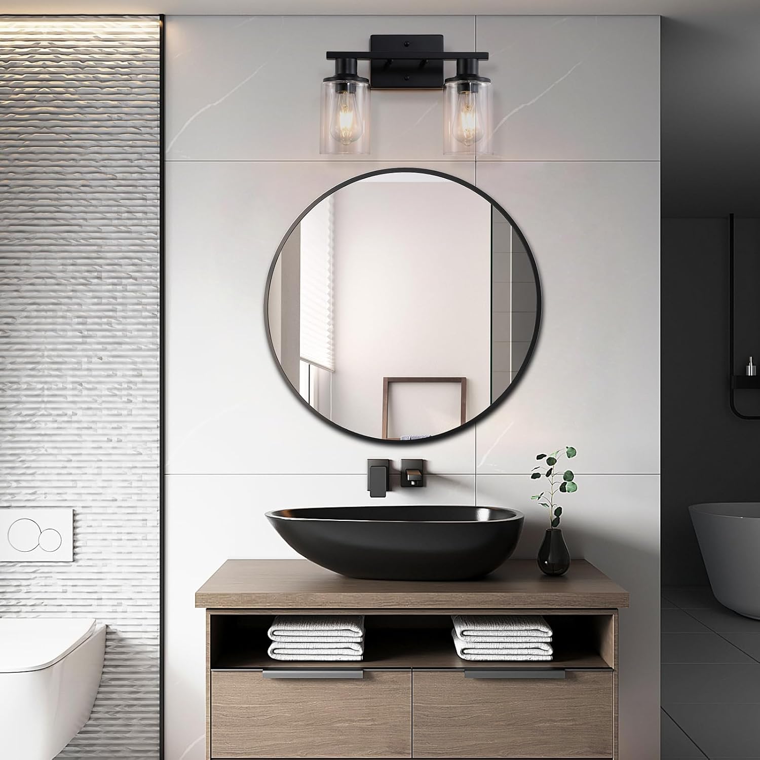 2 Pack Matte Black Bathroom Light Fixtures Over Mirror,2-Light Bathroom Vanity Light with Clear Glass Shade,Modern Farmhouse Wall Sconces Lighting for Mirror Kitchen Living Room Cabinet