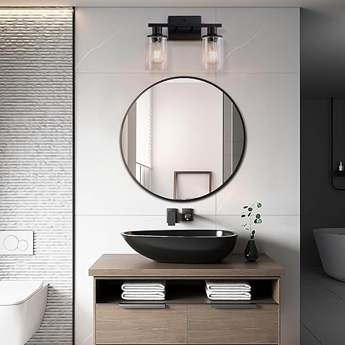 Miniatura 5 de Lámpara de tocador de baño negra mate de 2 luces, lámparas de baño sobre espejo con pantalla de vidrio transparente, modernos apliques de pared de