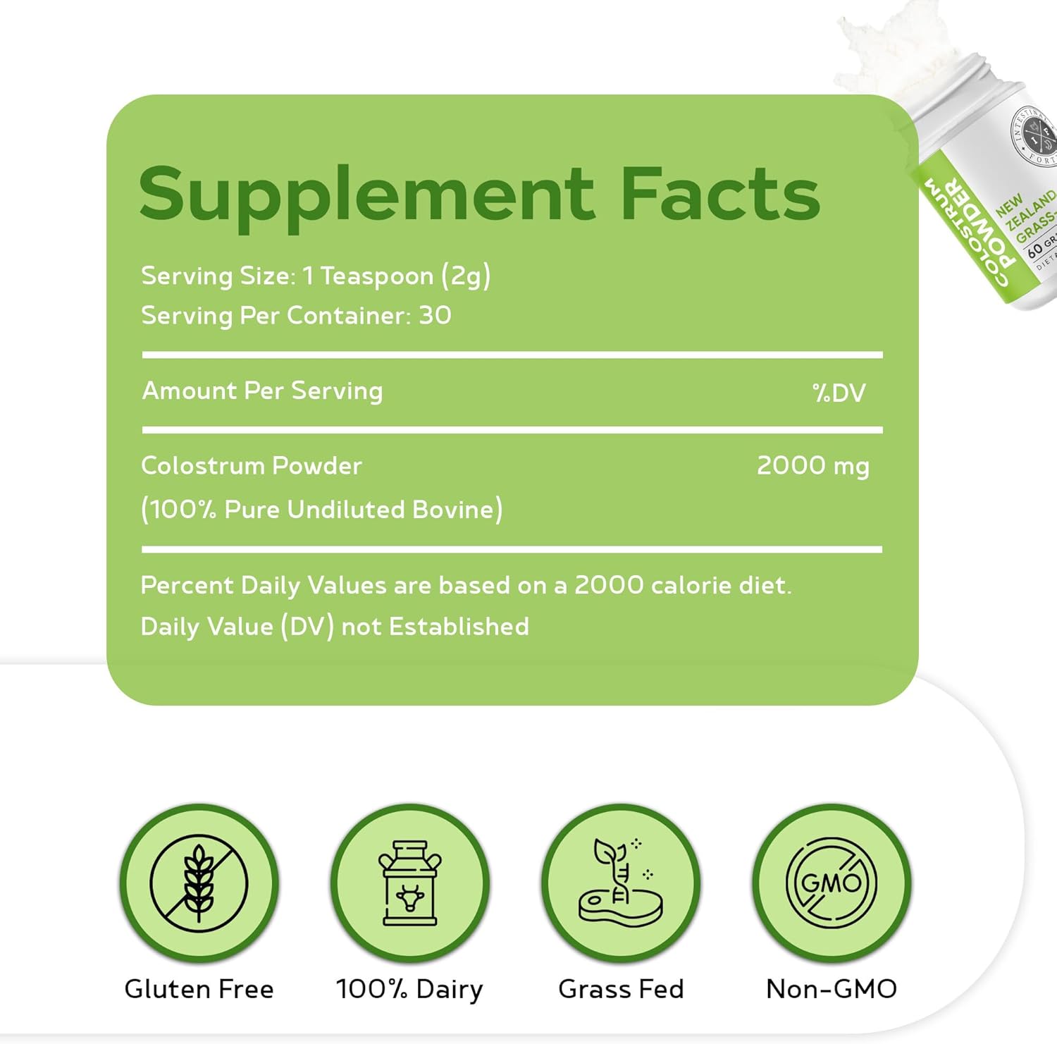 Intestinal Fortitude 100% Grass Fed New Zealand Cows Colostrum Powder, Grassfed, Hormone Free, GMO Free, Optimal Gut Health and Immune System Support, Leaky Gut, IBD, 60 Grams