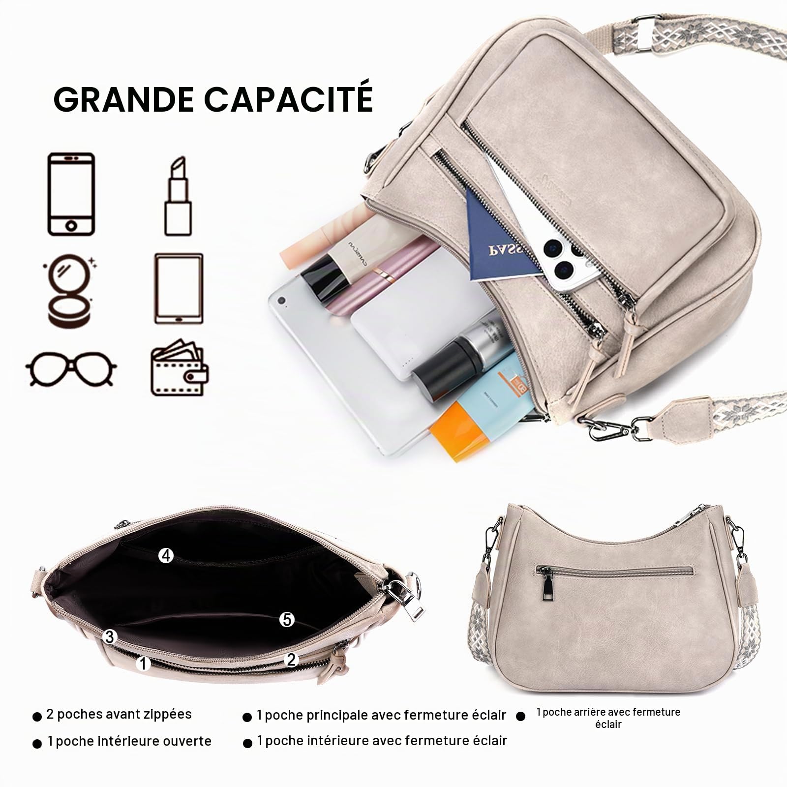 Sac à bandoulière tendance en cuir pour femme, sac à main multi-poches, sac à main de voyage léger
