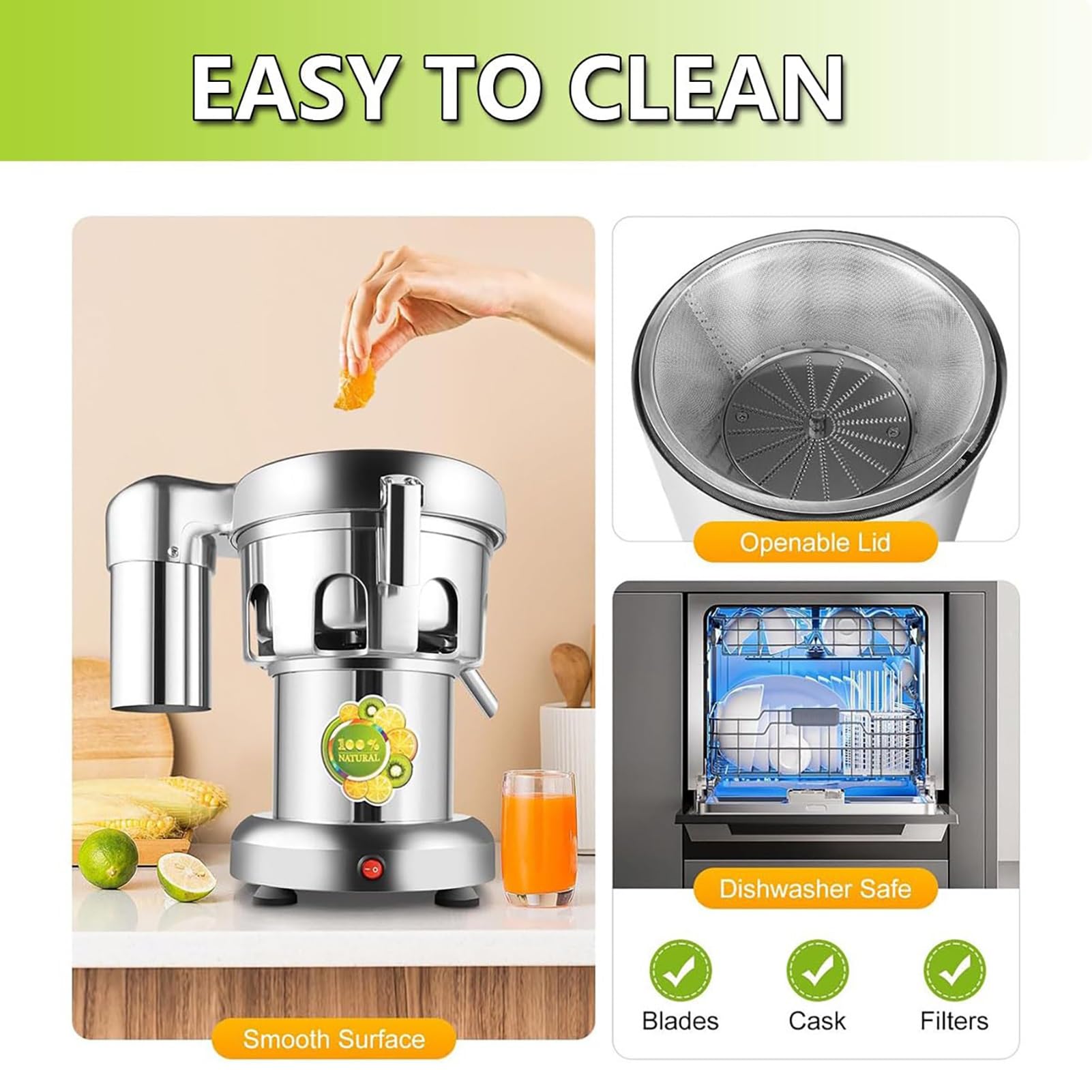 Exprimidor de frutas y verduras de acero inoxidable, extractor de jugos comercial de alta resistencia, exprimidor eléctrico de cítricos, tolva de alimentación grande de 2 l
