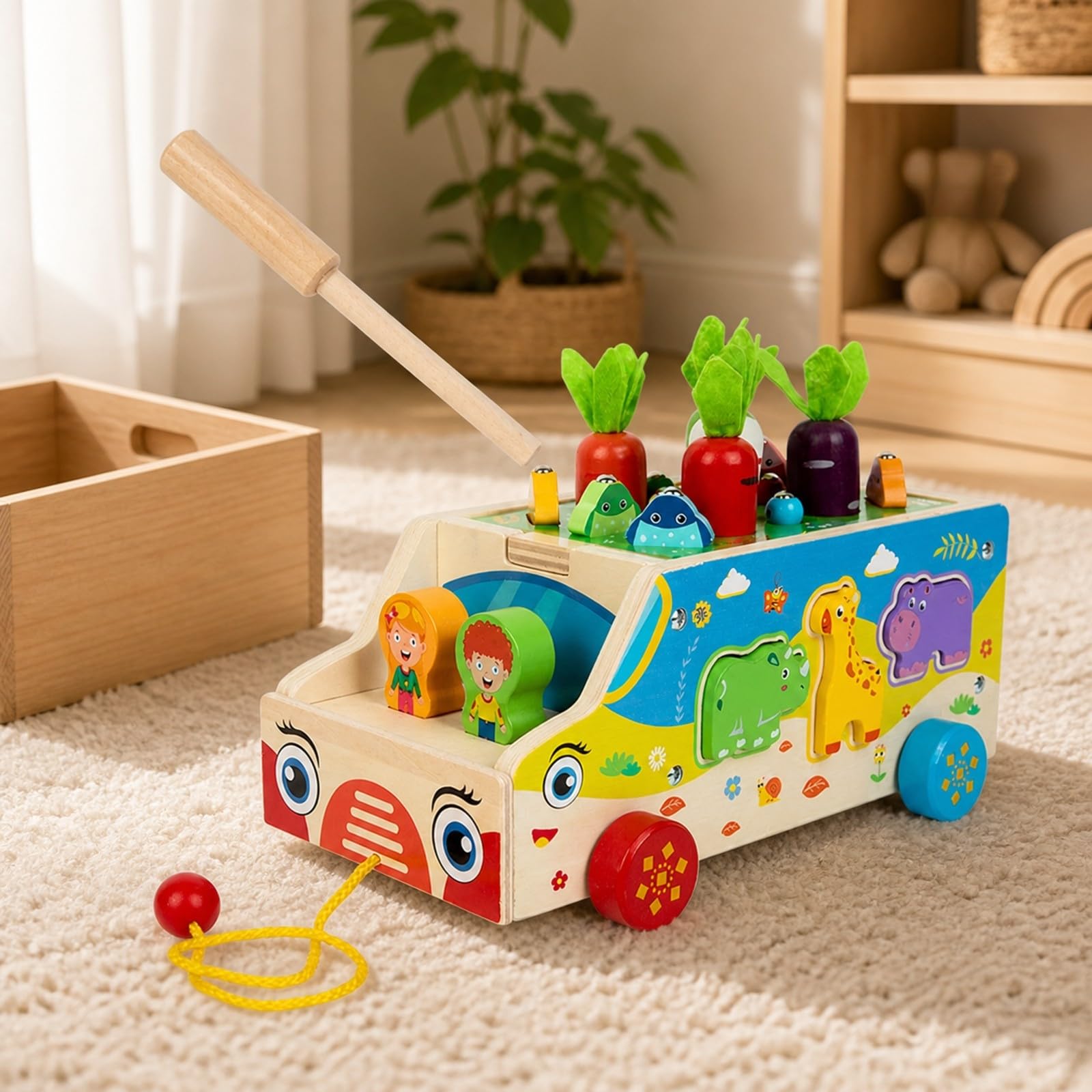 Carrito Actividas Remolque Multifuncional Carrito con Juego Pesca y Verduras Colorido Juguete Educativo para Casa