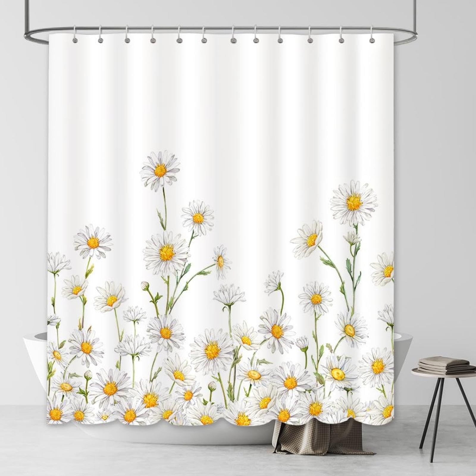 Tenda da doccia floreale con margherite bianche, decorazione per il bagno in stile country, con 12 ganci, 140 x 230 cm, elegante accessorio da bagno impermeabile, design floreale per la casa