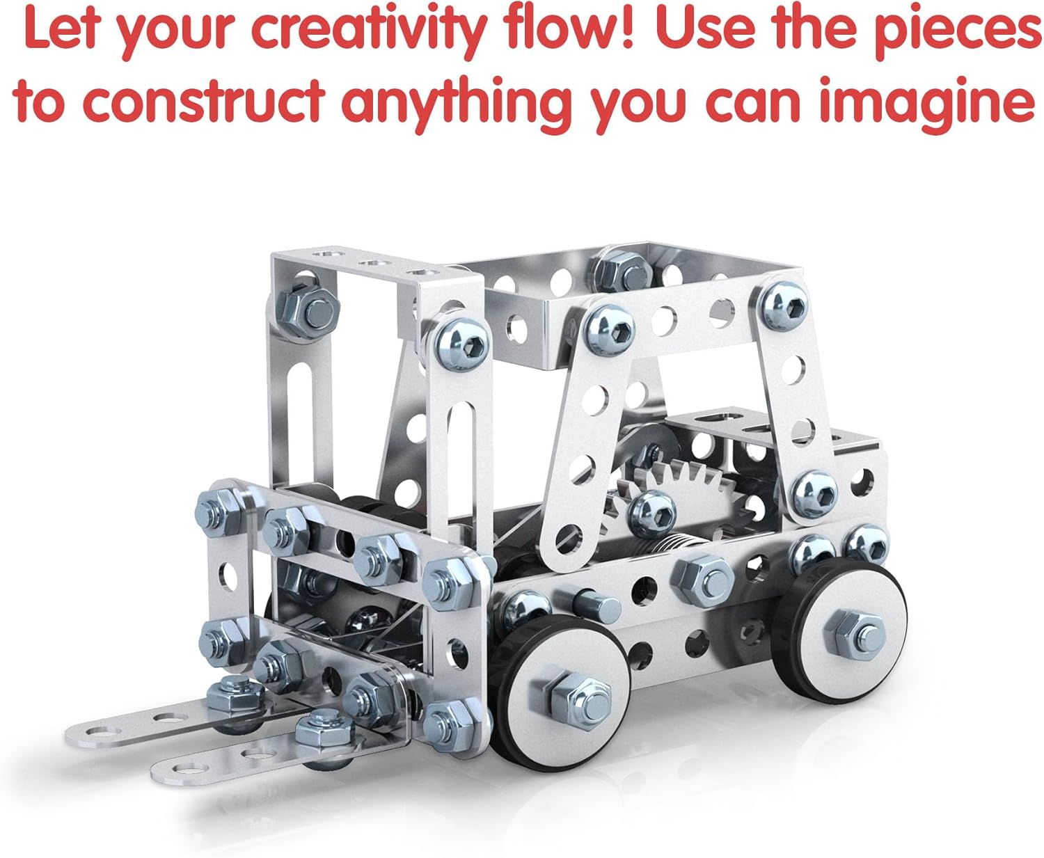 Assembled forklift model made from steel works pieces, with text encouraging creative construction.