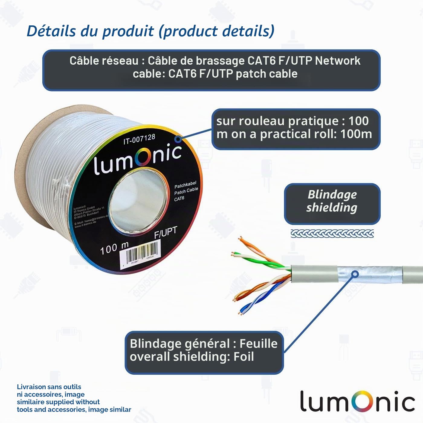 Lumonic 100m Câble de réseau CAT 6 F/UTP I Cat6-câble, Gigabit Lan Câble, Ethernet Câble I Câble patch flexible blindé, pour l'intérieur jusqu'à 250 MHz