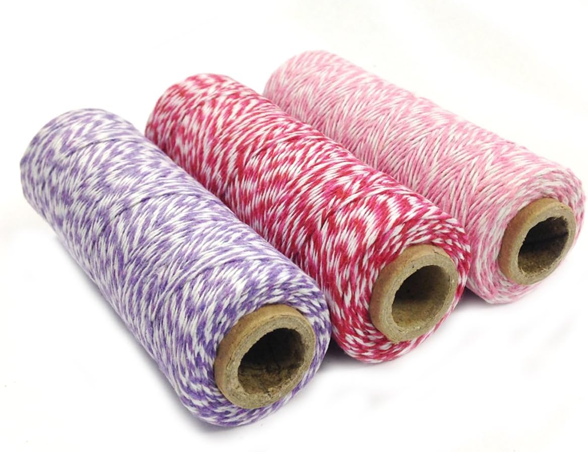 Allydrew Cotton Baker's Twine 4ply 330 Yards (Set of 3 Spools x 110 Yards) for Gift Wrapping, Party Decor, and Arts and Crafts (Pink, Red & Hot Pink, Lavender) (66421, 66423, 66416)