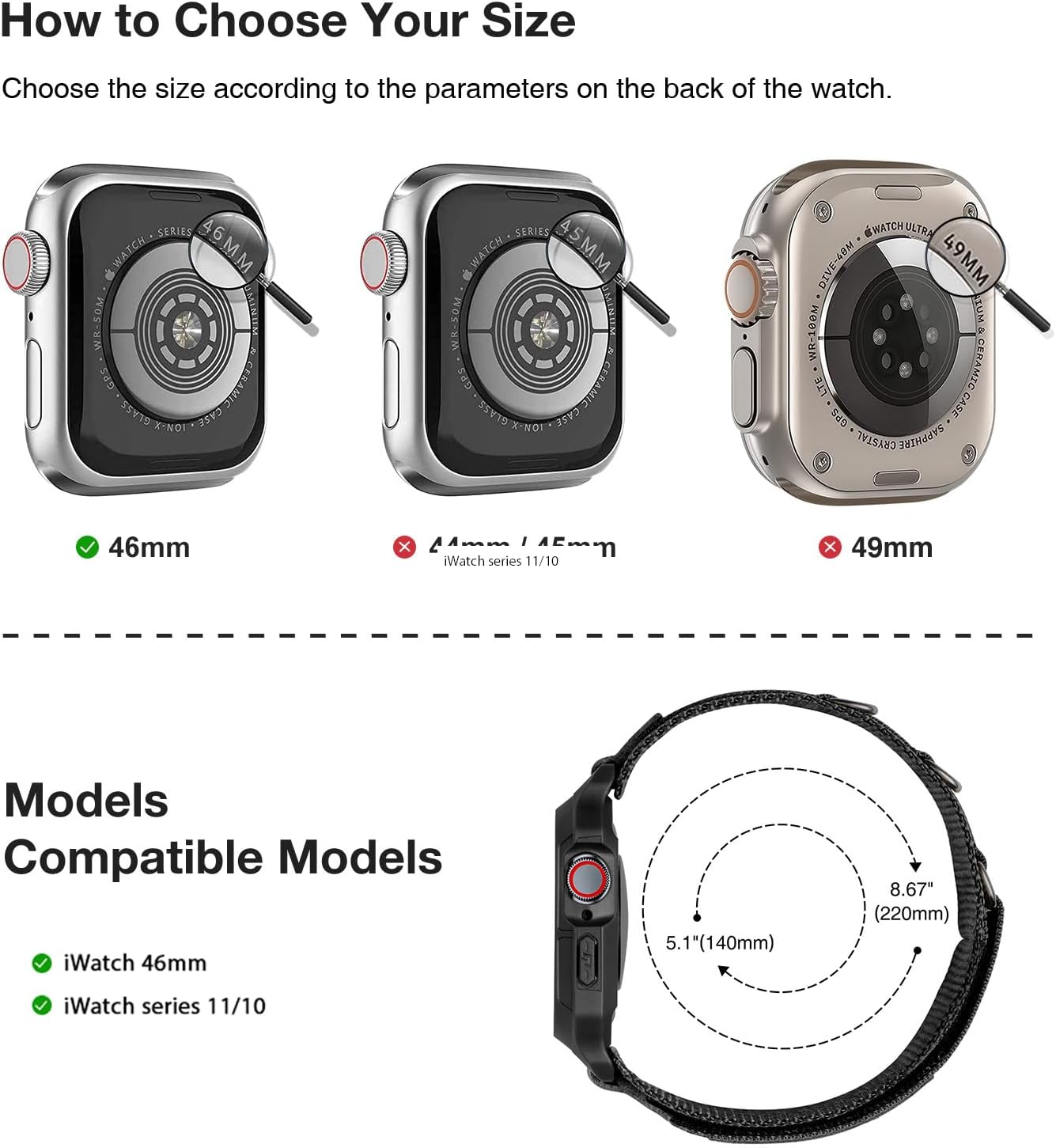 SUNFWR Bands Compatible with Apple Watch 46mm Series 11/10 with Case,Rugged Nylon Sport Apple Watch Strap with Protective Cover for iwatch for Men (Black-BlackTags) - Image 2
