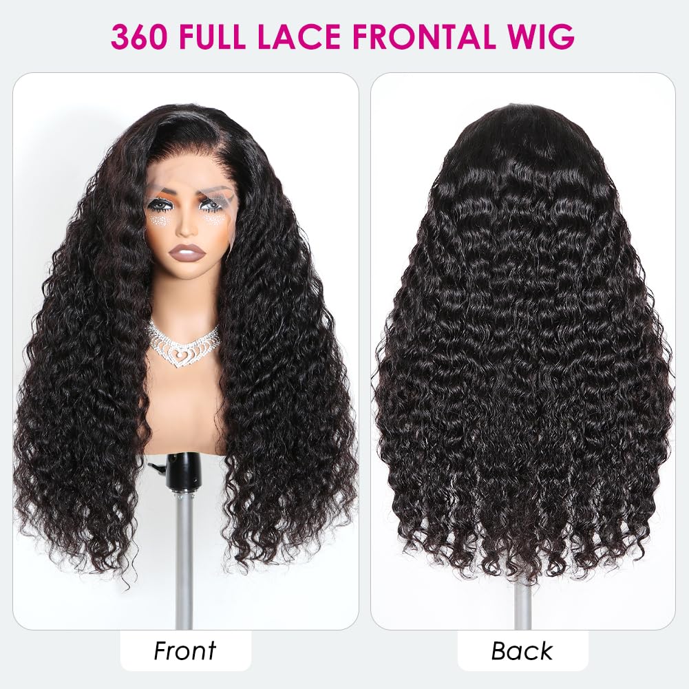 Pizazz Hidden Strap 360 Full Lace Frontal Wigs Human Hair Pre Plucked Pre Bleached 180 Density Glueless Water Wave Human Hair Wigs with Drawstring (Black, 18 Inch)