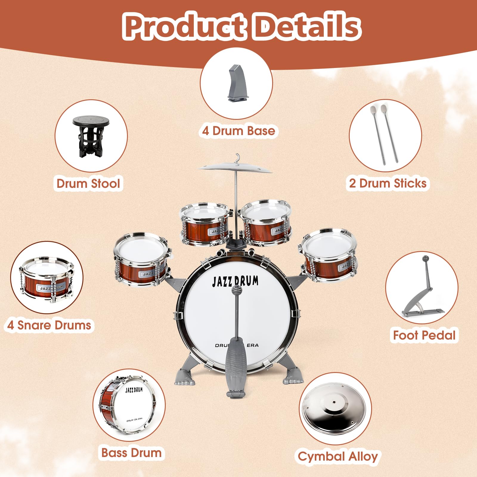 Batteria per Bambini, Set Batteria Jazz Strumento Musicale 5 Tamburi con Sgabello, Toddler Drum Set Musicale Percussione Giocattolo Regalo per Bambini 3 4 5 Ragazzi e Ragazze