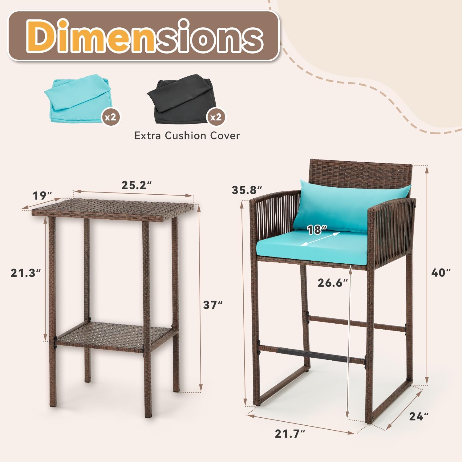 AVAWING 3PCS Patio Wicker Bar Set, Outdoor Bistro Rattan Barstool Furniture, Height Counter Table and Chairs for Backyard, Poolside, Balcony, Steel Frame w/Extra Cushion Covers Blue/Gray