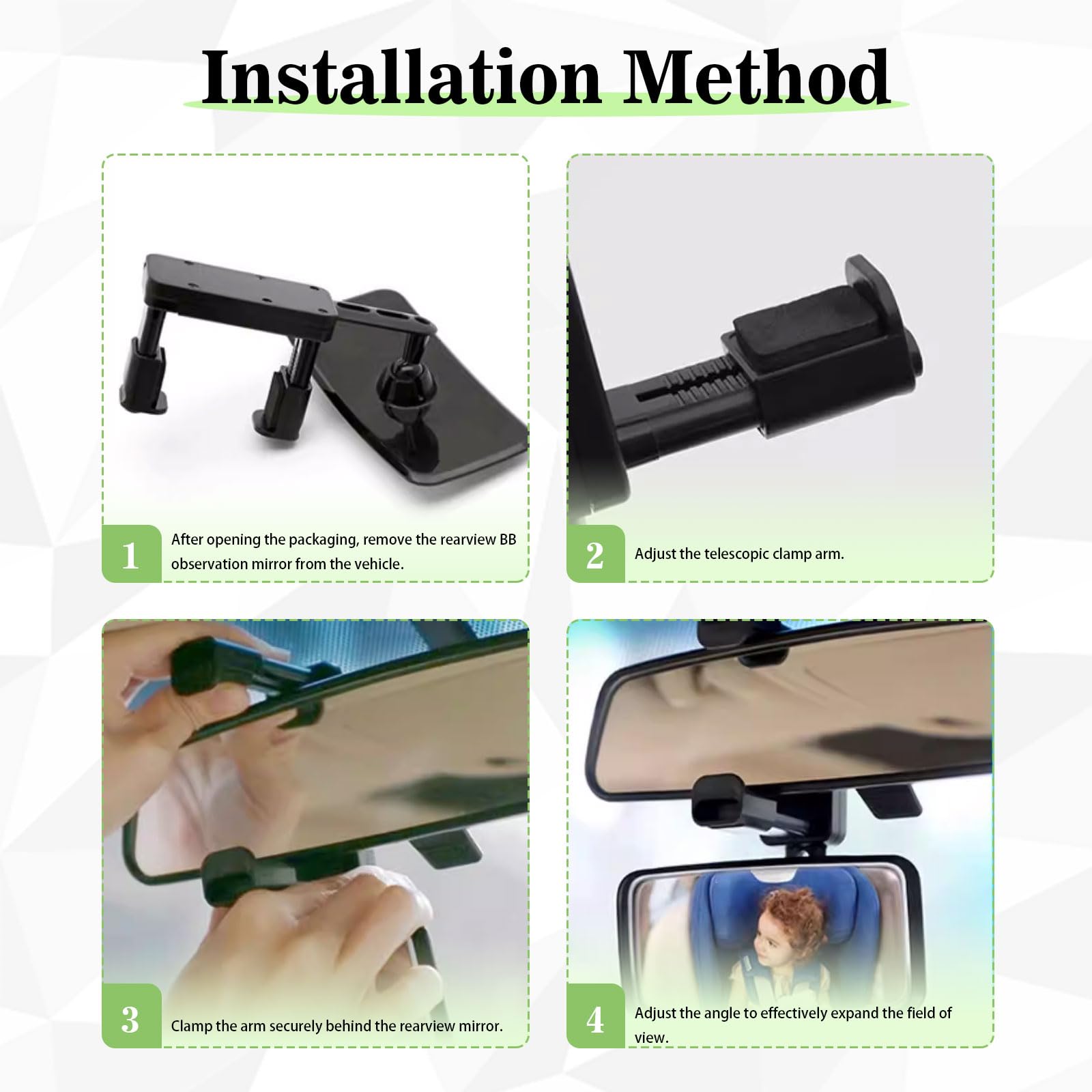 Espejo Retrovisor para Bebé Coche, Gran Angular Ajustable 360°, Cristal Irrompible Antirreflejos, Instalación Rápida con Clip Universal, Compatible con SUV, Coches y Camiones, Visibilidad Total