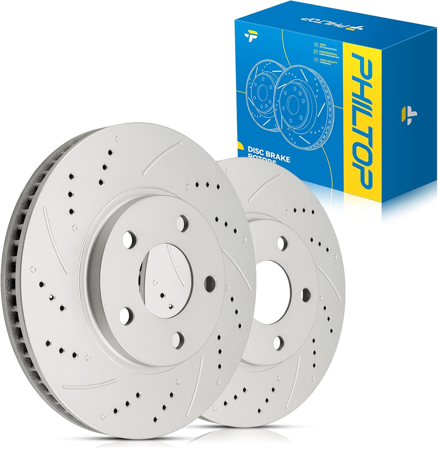 PHILTOP Front Drilled & Slotted Brake Rotors for Buick 2000-2005 LeSabre, Chevrolet 2000-2005 Impala, Cadillac 1997-2005 DeVille | Zinc Coated Anti-Rust | OE Replacement Brake Rotors Pair # 55034