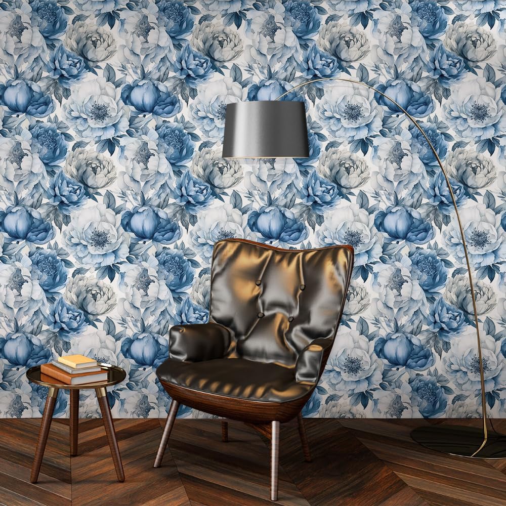 18"x236" Watercolor Gray Blue Peony Flower Abstract Peel and Stick Self Adhesive Wallpaper Removable Contact Paper Stick on Easy Peel Off Wall Paper for Kitchen Bedroom Bathroom Renter