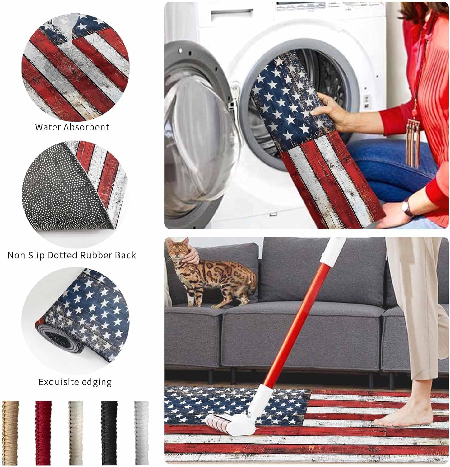 2 Pieces Kitchen Rugs and Mats,Retro USA Flag on Shabby Wood Area Runner Rug Set Non Slip Floor Doormat Washable Carpet Standing Mat for Kitchen Sink Indoor Corridor,4th of July Star Stripe Wooden