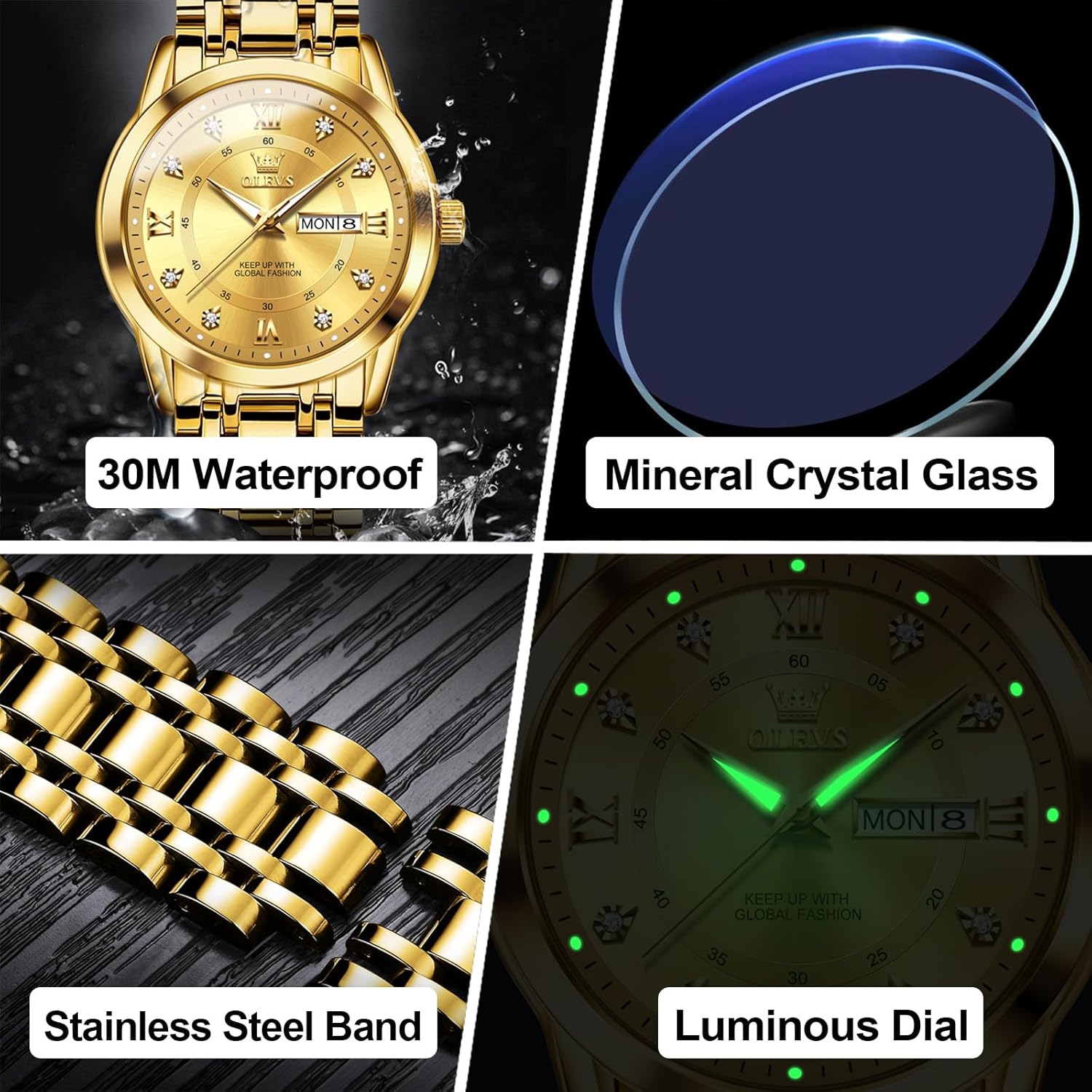 OLEVS Men's Stainless Steel Watch, Large Face Roman Numerals Diamond Accented Three-Hand Analog Quartz Watches for Men, Easy to Read Day Date Waterproof Luminous Mens Wristwatch - Image 5