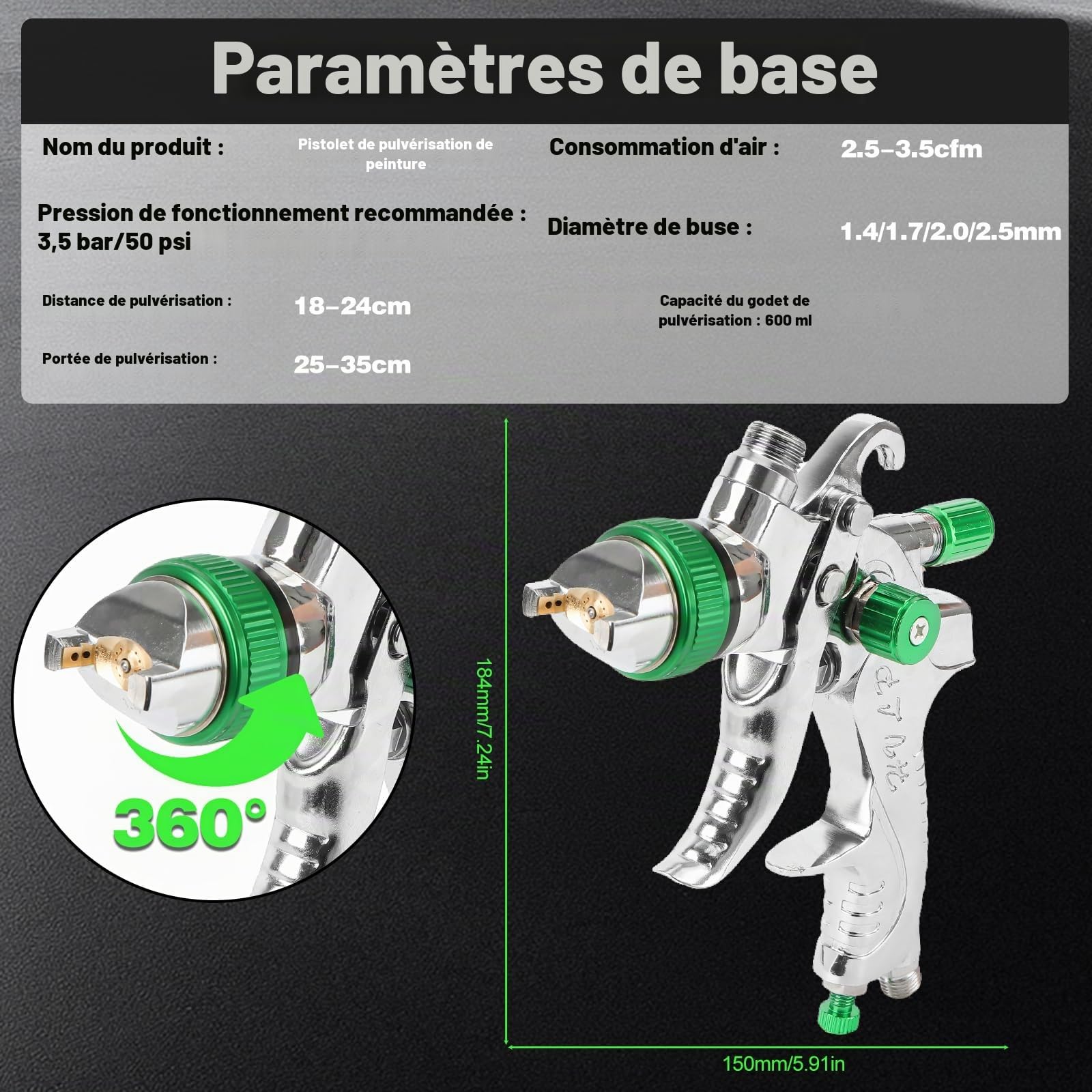 HVLP Kit de Pistolet a Peinture HVLP 4 Buses,Peinture Air Comprimé avec Régulateur de Pression,Kit de Pistolet de Pulvérisation de Voiture 1,4 mm 1,7 mm 2,0 mm 2,5 mm