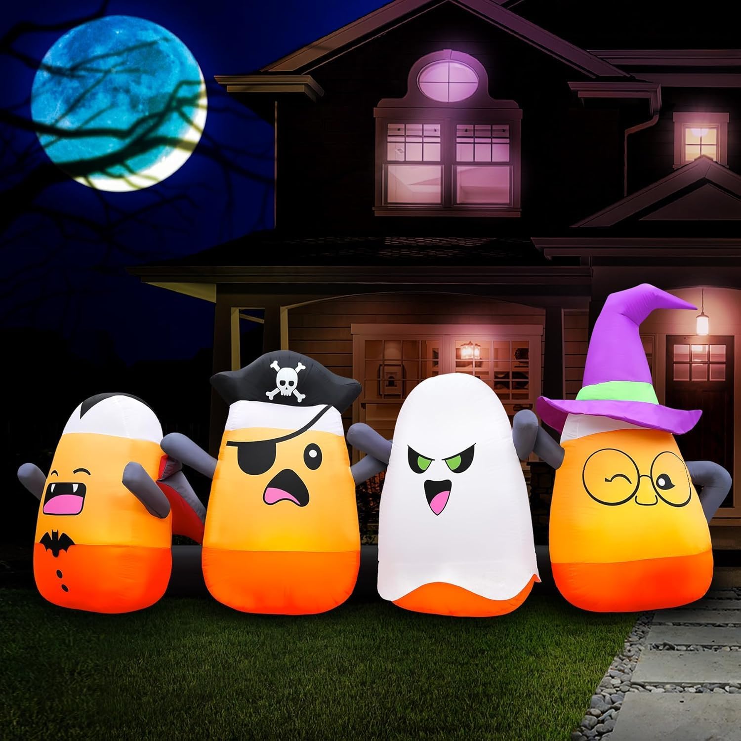 11.5FT Length Halloween Inflatables Four Corn Candy Decoration, Halloween Blow Up Corn Candy Dressed Vampire Pirate Ghost Wizard Built-in 5 LEDs for Yard Lawn Garden Halloween Party Parade