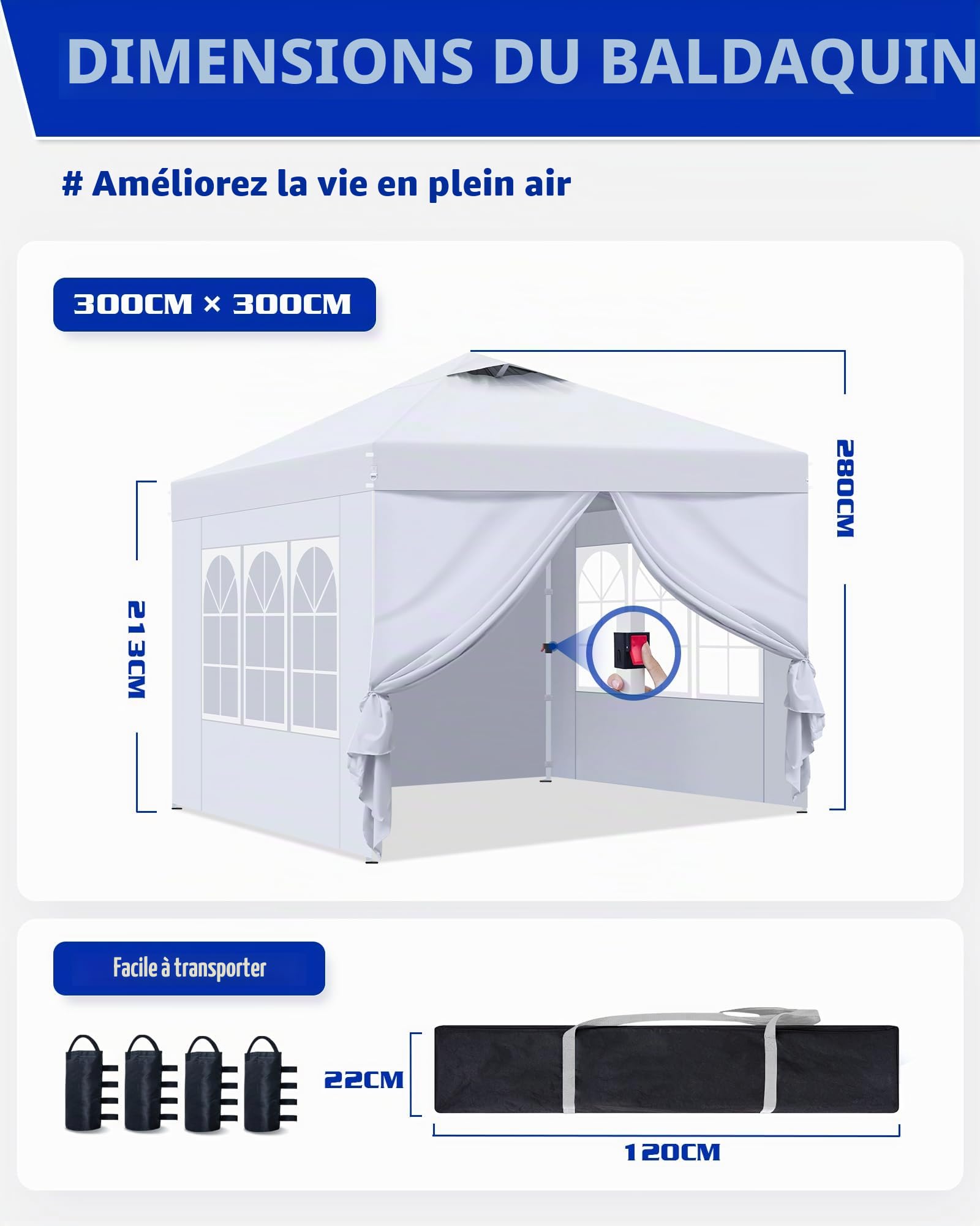 Tonnelle Pliante 3x3 Imperméable, Tente de Camping avec Parois Latérales, Protection UV, Réglable en Hauteur, Tonnelle 3x3 pour Mariage, Stand de Vente, Fête (Blanc, 1PCS)