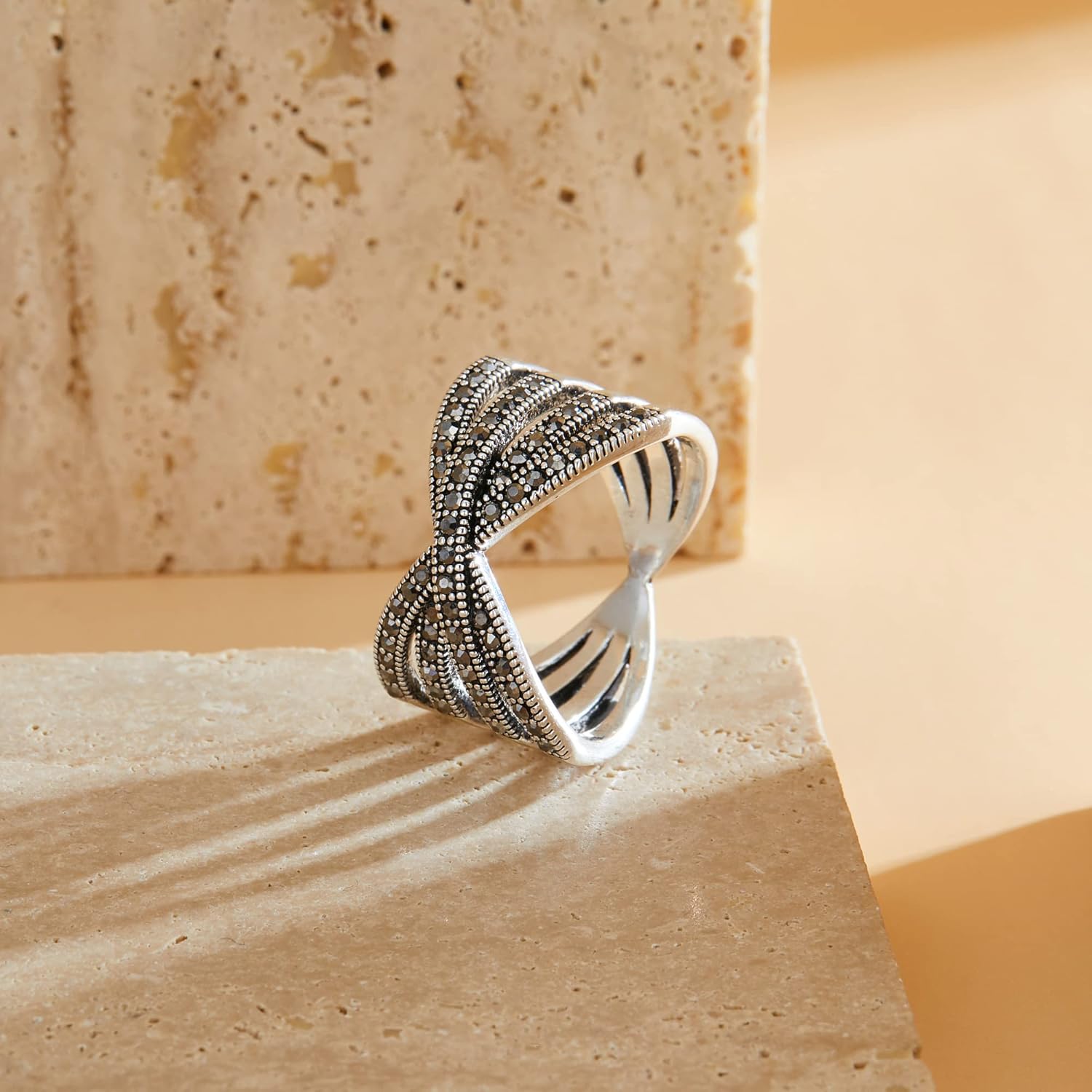 Mytys Vintage Wide Ring Classic Black Marcasite Crystal Rows Statement Silver Chunky Rings - Image 5