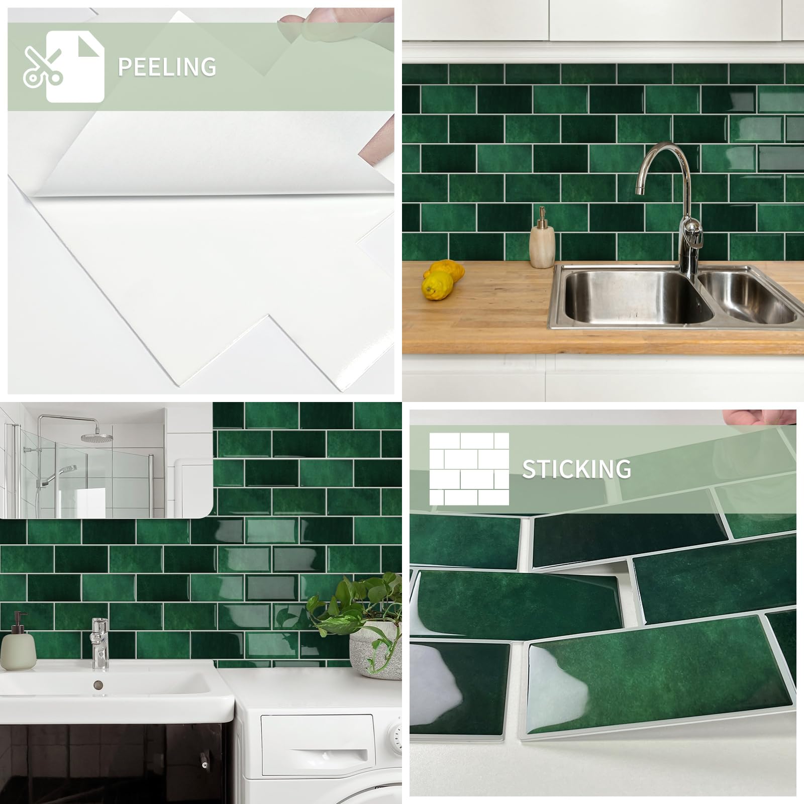 10 Stück Upgrade Dickere Fliesenaufkleber Klebefliesen Wandfliesen, Wasserdicht Metro Fliesen Selbstklebend Wandverkleidung für Küche Bad,Spritzschutz Vinyl Fliesen(Dunkelgrün,32x 26,9cm)