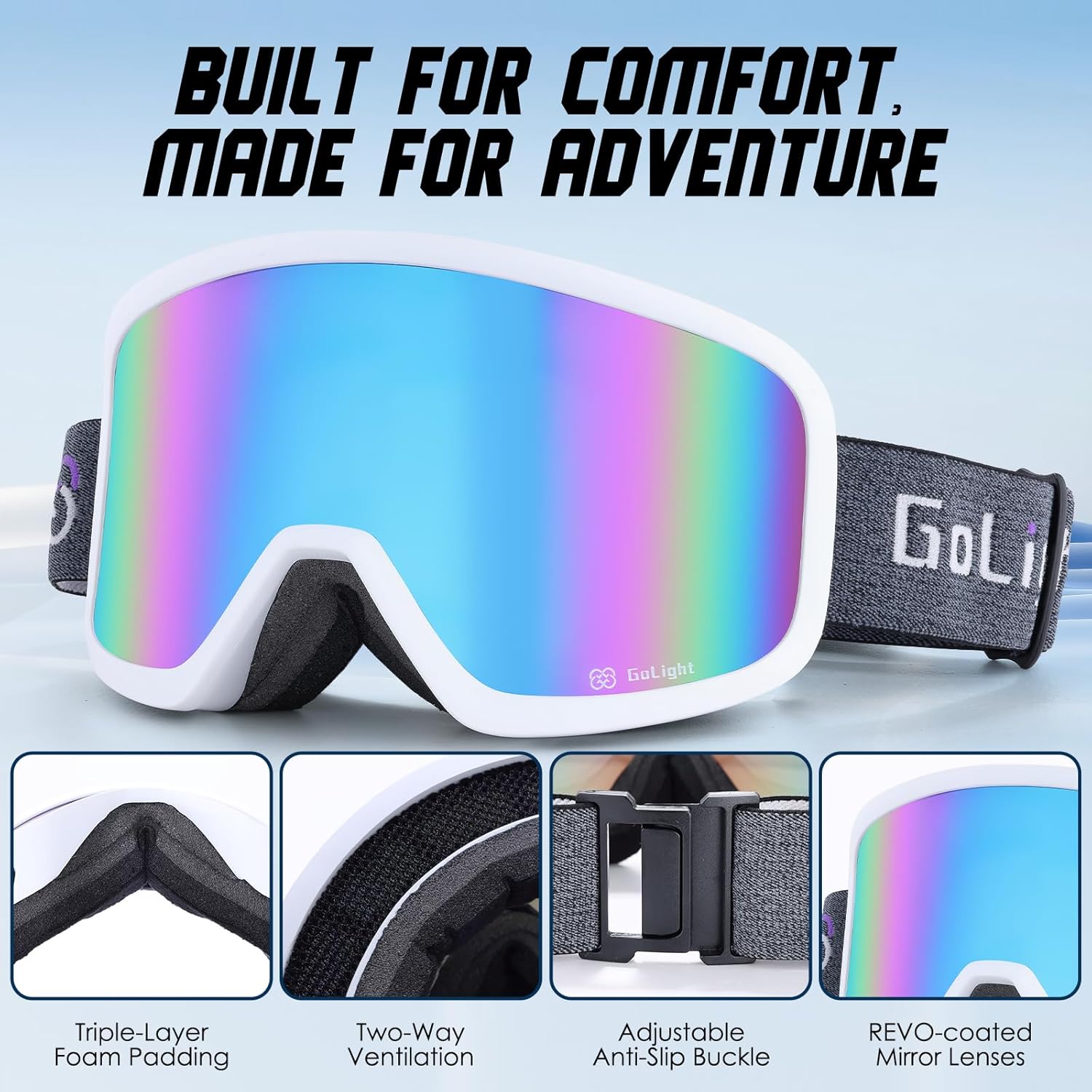 GoLight Low Bridge Fit Ski Goggles – Asian Fit, Anti-Fog Double Lens, UV400 REVO Lens, Triple-Layer Foam for All-Day Skiing