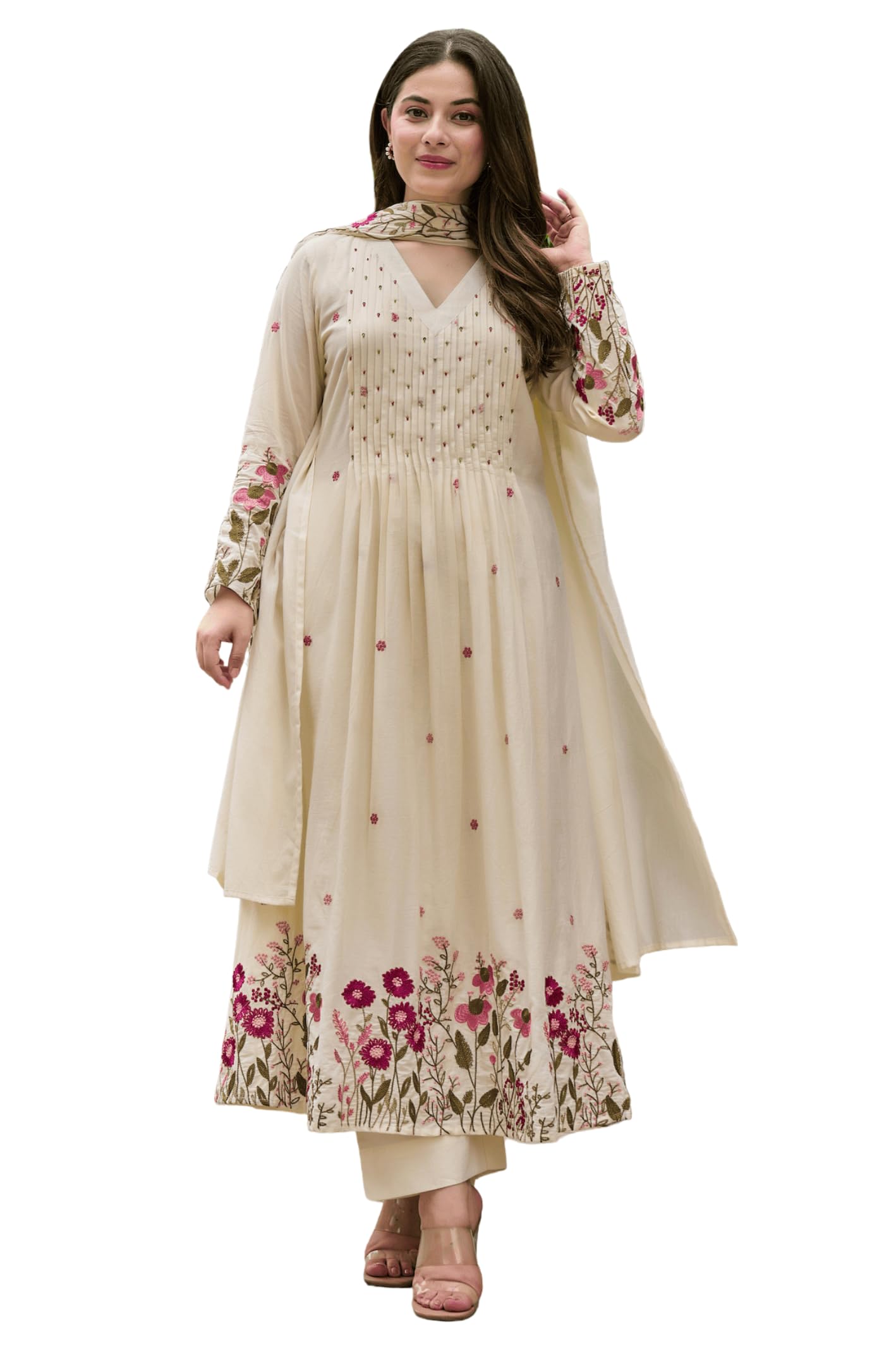 ONPEAK Embroidered Kurti Pant Set with Handwork and Dupatta for Women Festive Party Wear Outfit, Cream, XL