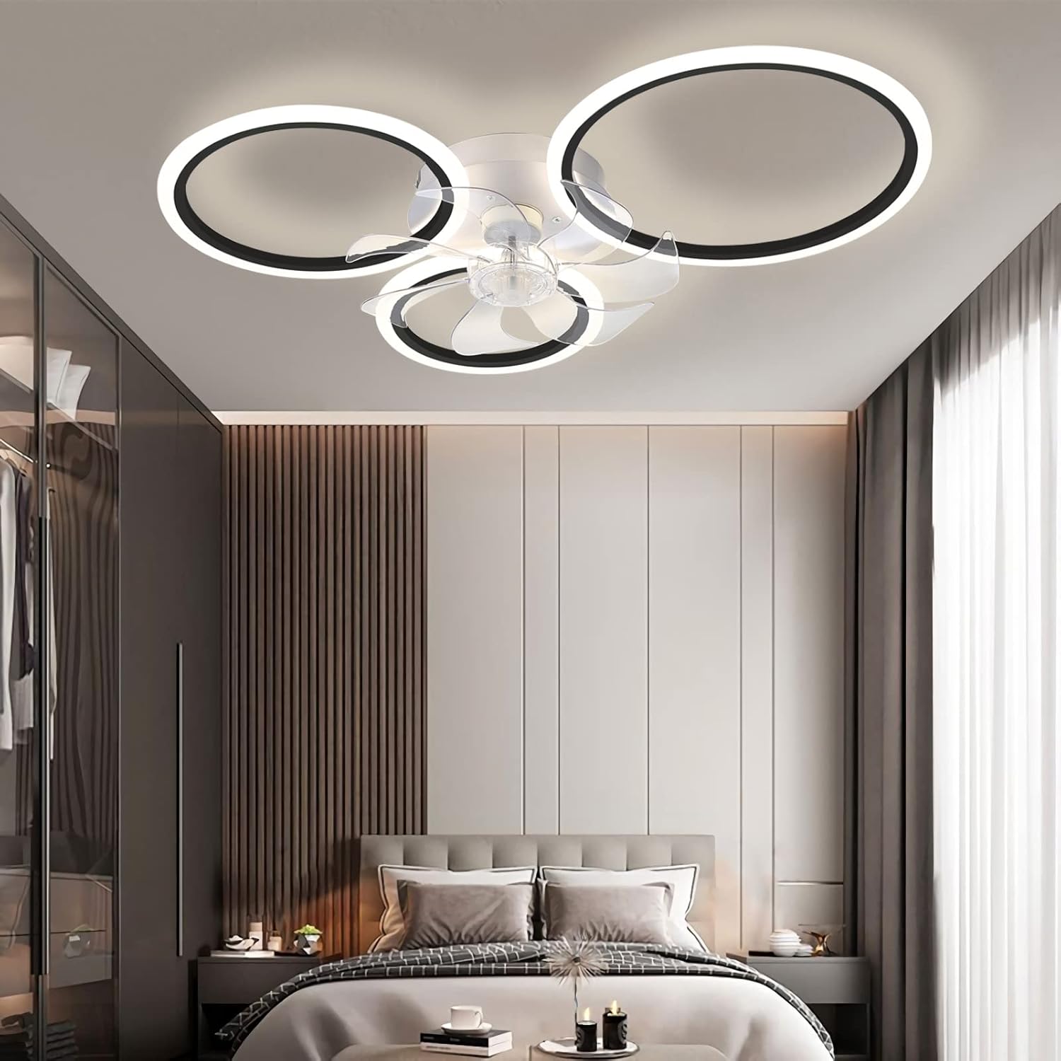 YUEGOO Ceiling Fans with Lamps,6 Speed Timer Quiet Ceiling Fan Chandelier Led Dimmable Modern Ceiling Fans with Lights and Remote App for Living Room Bedroom Office/B/78Cm-Black
