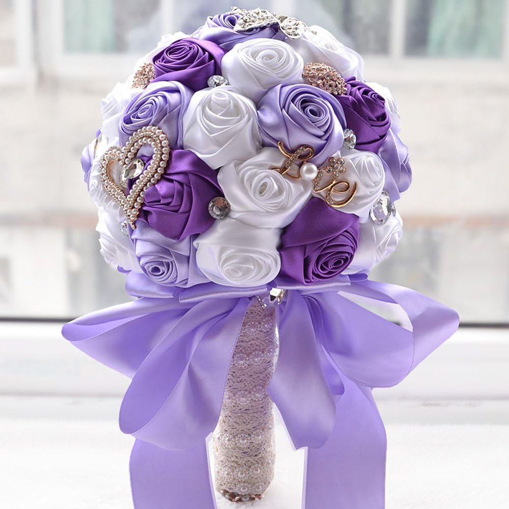 Lavendel Shining Wedding Bouquet Pearls Crystal Brooch Artificial Bridal Bouquet (White+Purple)