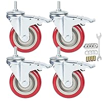 Vista 8 de Ruedas giratorias, ruedas de doble bloqueo resistentes con ruedas de poliuretano rojas, silenciosas y sin marcas con varillas de rosca métrica