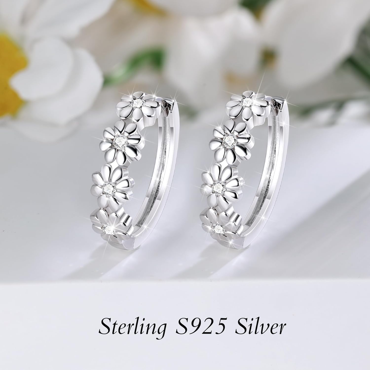 Daisy Flower Earrings For Women, Birth Flower Birthstone Hoop Earrings For Daughter Mother Mom, Sterling S925 Silver, I Think Of You Every Daisy