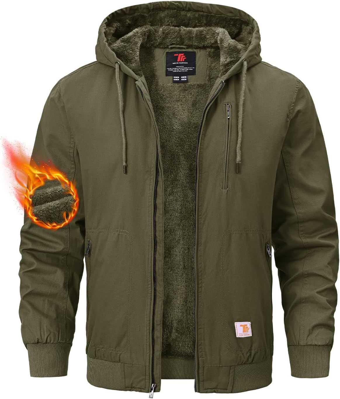 BGOWATU Men's Cotton Work Jacket Insulated Flannel Lined Full Zip Hoodies Active Winter Coat with Utility Pockets - Image 3