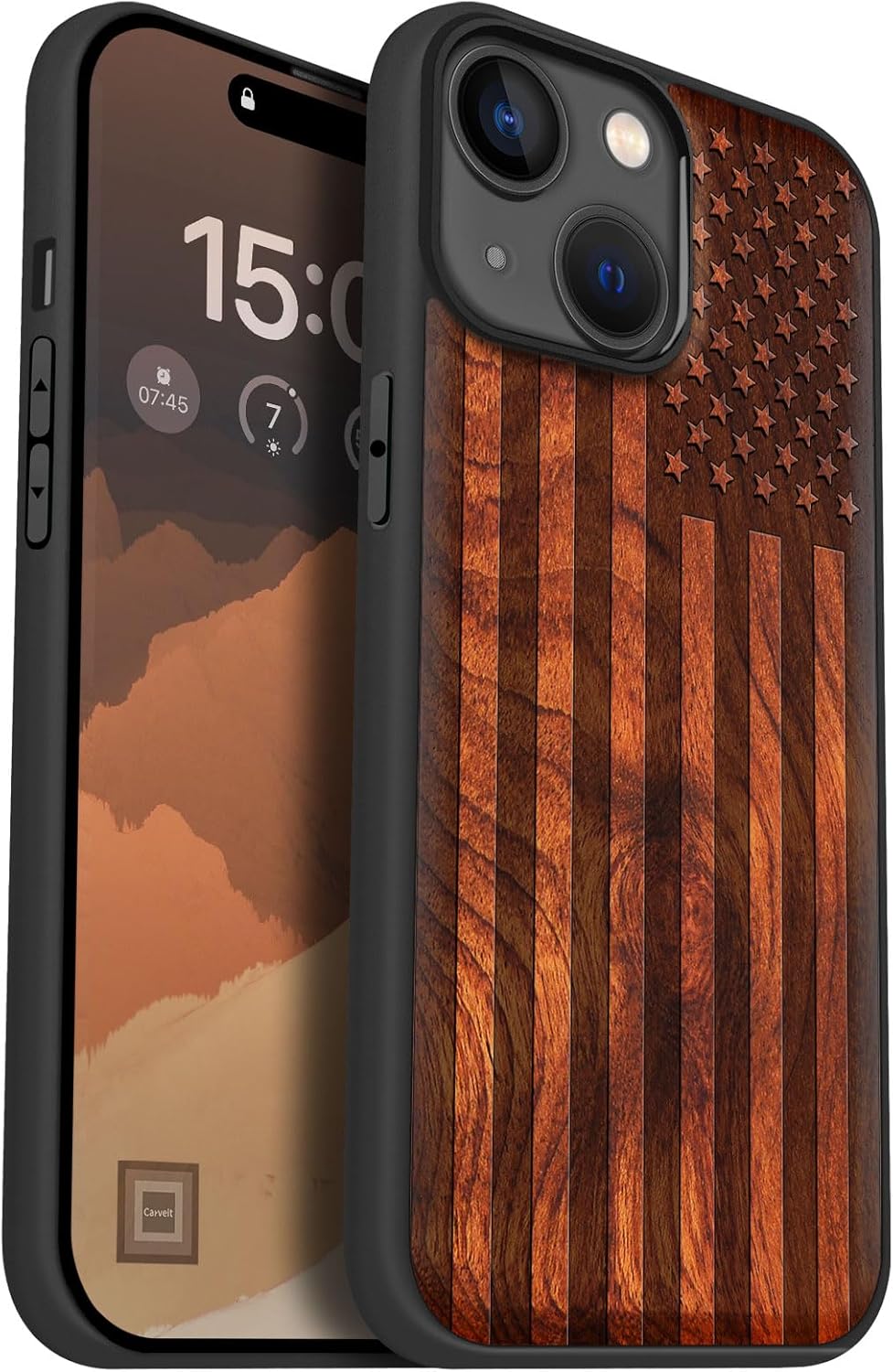 Carveit Magnetic Wooden Case for iPhone 15 Case, Compatible with MagSafe Wireless Chargers, Black Soft TPU Shockproof Cover & Wood Artisan Engraved (American Flag) - Rosy