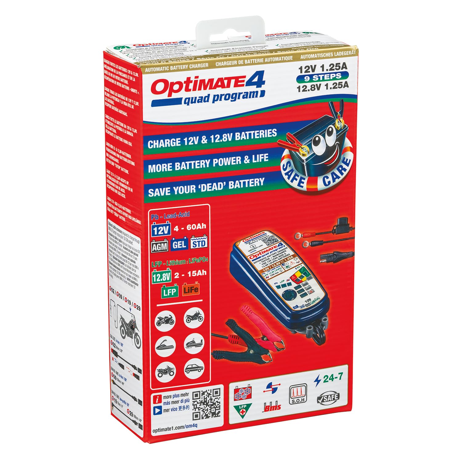 Optimate 4 Quad Program, TM631, Serie Dorada: Cargador y mantenedor de Ahorro de batería Sellado de 9 Pasos 12V/12.8V 1.25A