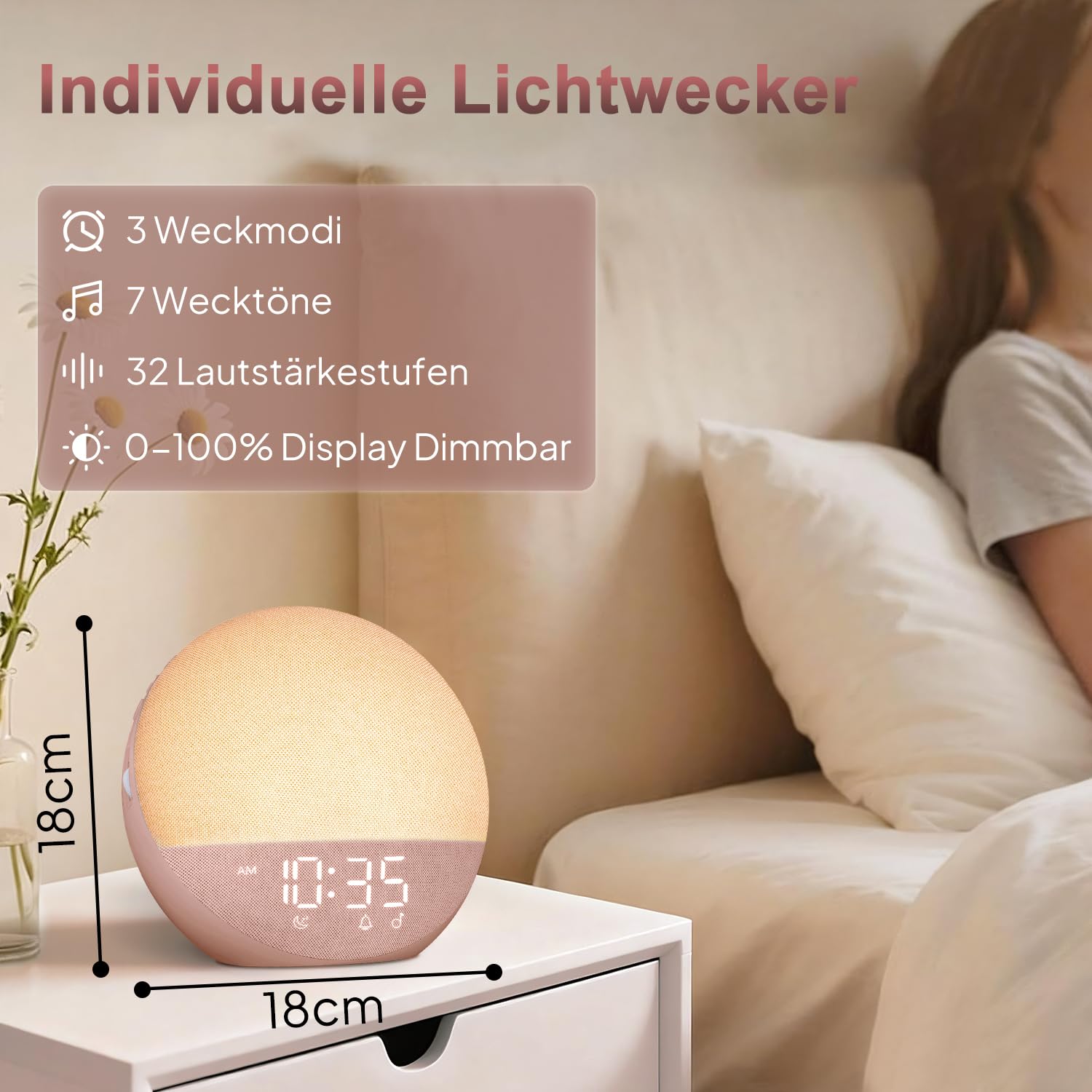 Sveglia con luce diurna, bianco rumore, con Bluetooth, 25 suoni naturali con timer, luce notturna RGB per camera da letto (rosa ciliegio)