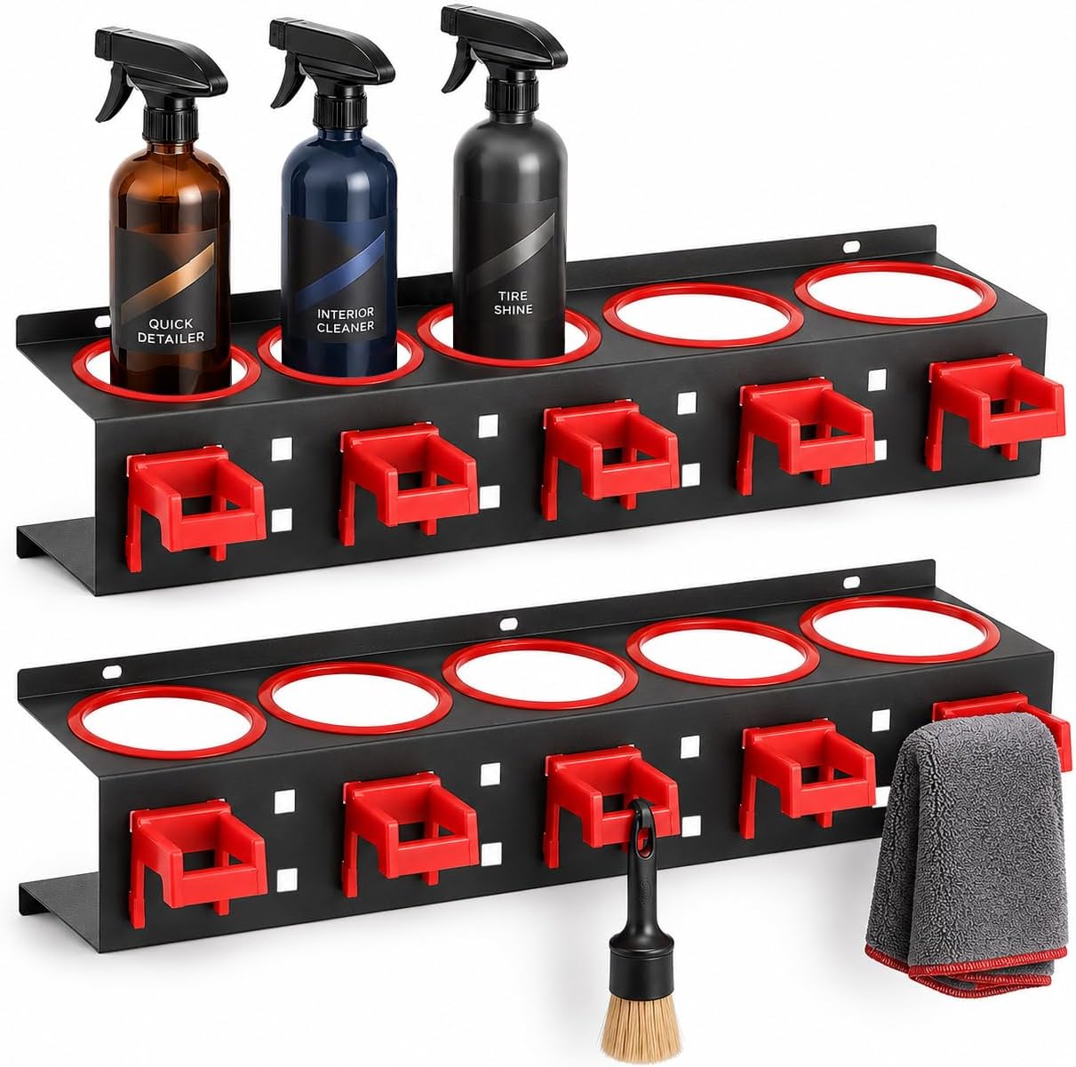 Spray Bottle Holder Wall Mount:2 Pack Heavy Duty Metal Spray Bottle Rack with 5 Holes & 5 Hooks, Car Detailing Organizer for Garage, Workshop, Cleaning Tools
