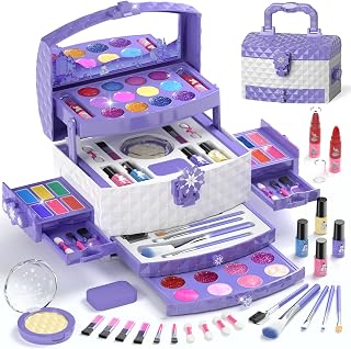 PerryHome 56pcs Frozen Kids Makeup Kit - Washable Non-Toxic Real Cosmetics for Girls 3-12, Princess Birthday Gift