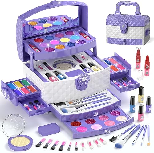 Miniatura 9 de Perryhome Juego de maquillaje para niñas de 56 piezas, lavable, cosméticos reales, juguetes de Frozen no tóxicos, kit de maquillaje para niñas