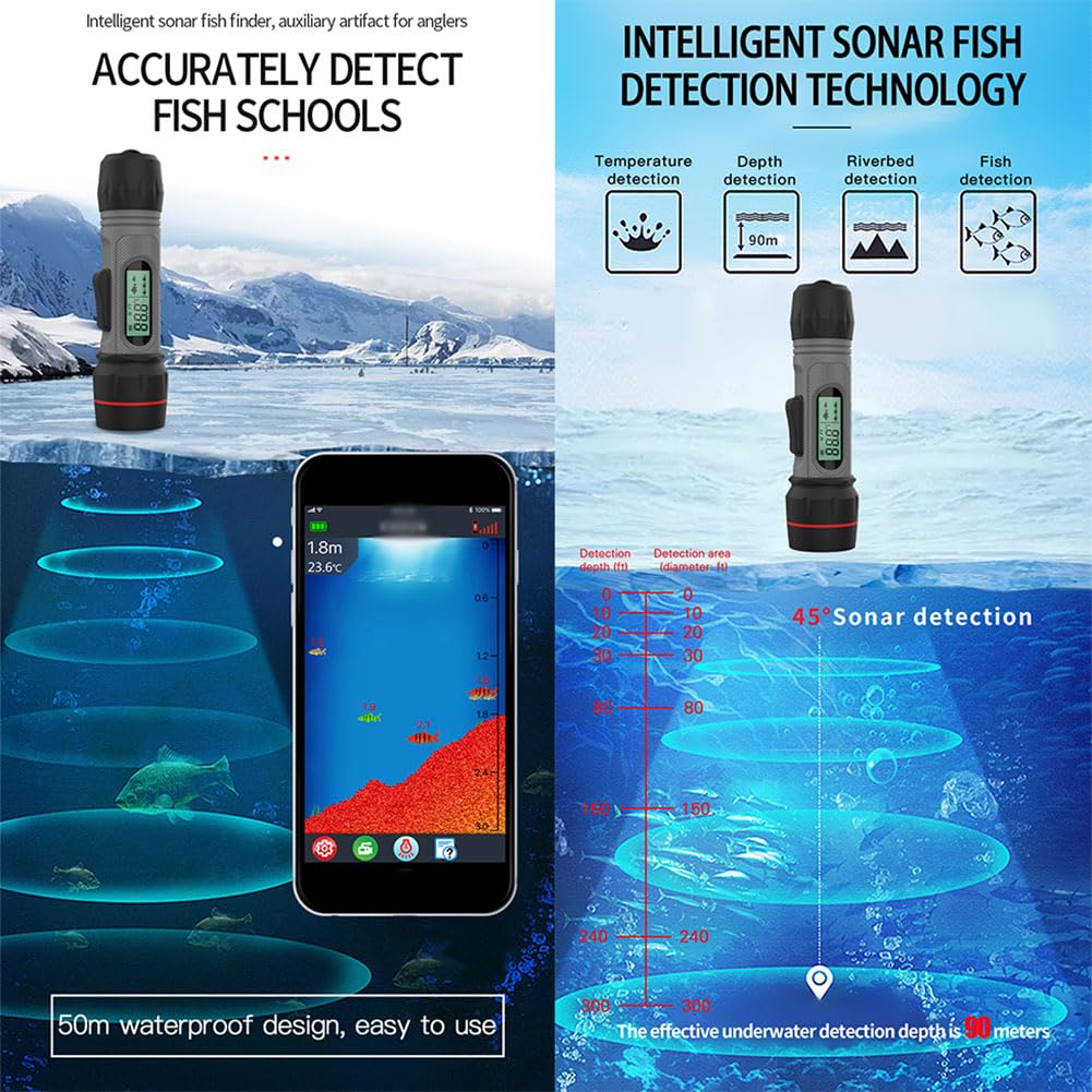 Sonda ecosonda para pesca en hielo, buscador de peces inalámbrico con luz LED subacuática, profundidad de detección de 0,8 a 90 m, diseño impermeable de cuerpo completo, para pesca en alta mar, pesc