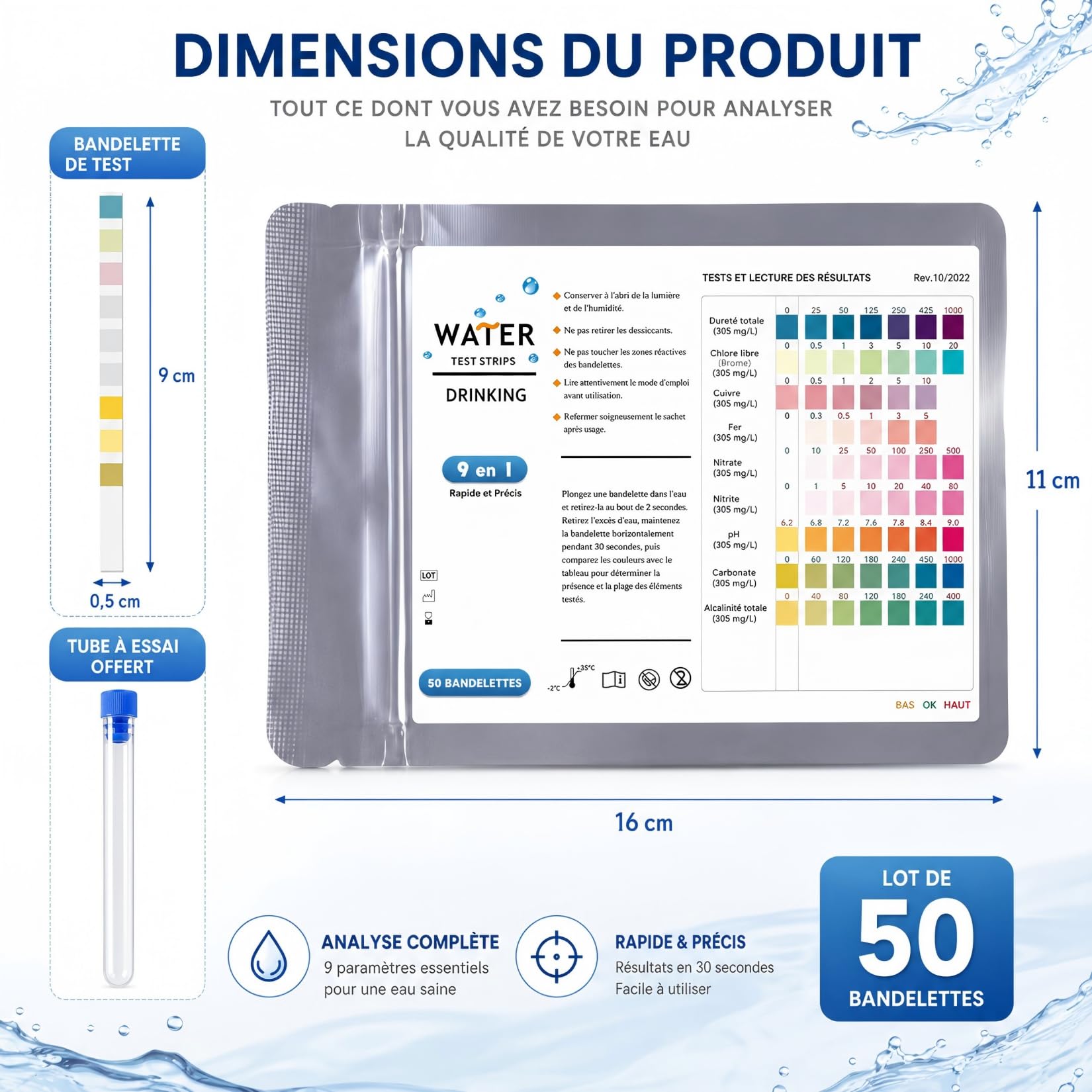 Lot de 50 Bandelettes de Test 9 en 1 pour Piscine et Spa, Bandelettes Analyse pH Chlore Nitrites Dureté de l'Eau, Convient pour Eau Potable Aquarium, Livré avec 1 Tube à Essai Offert
