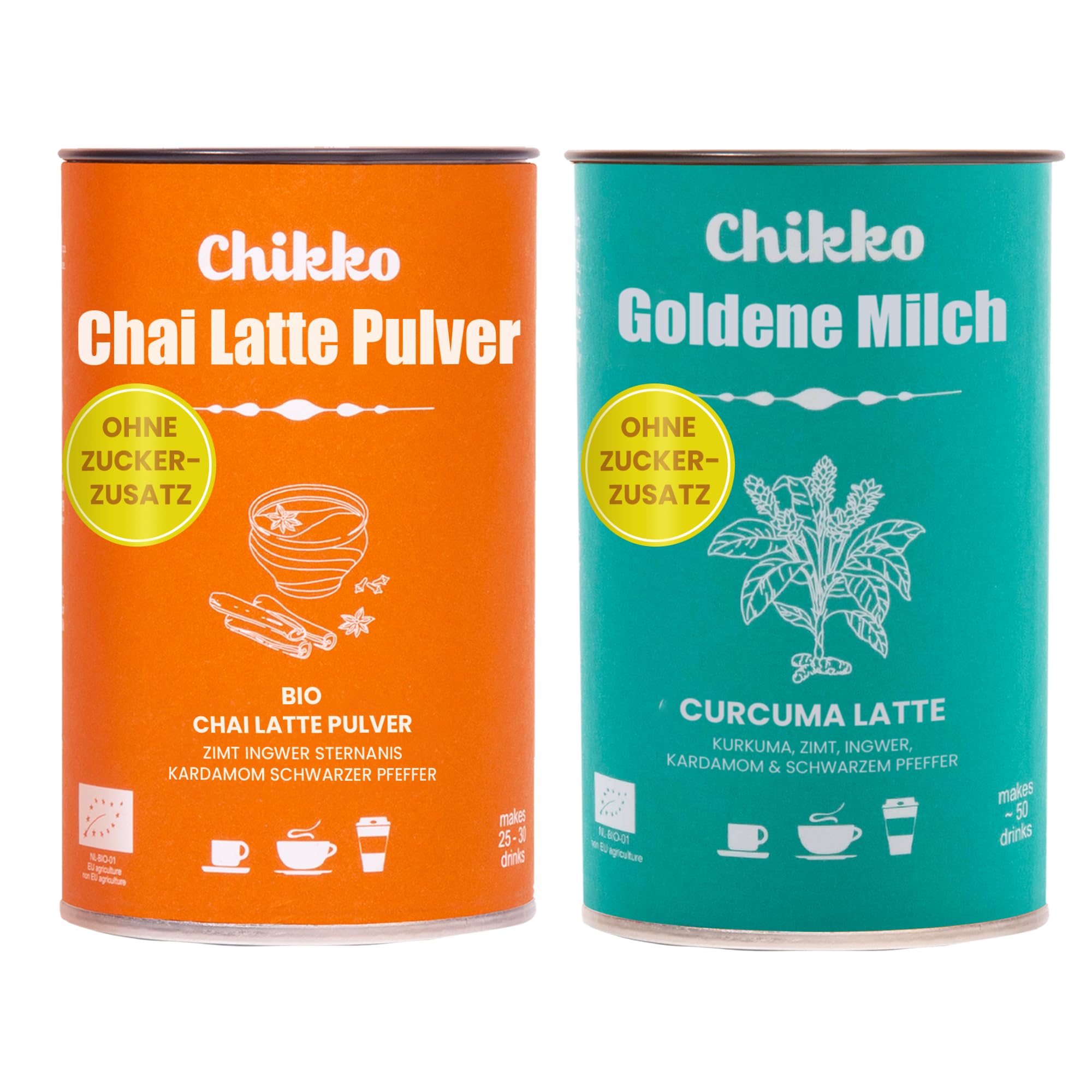 Chikko Bio Chai Latte 130g & Goldene Milch 110g Bundle – Zuckerfrei, Ohne Zusatzstoffe – Gewürztee & Kurkuma Mix aus 100% Europäischen Zutaten für Entspannende Wohlfühlmomente