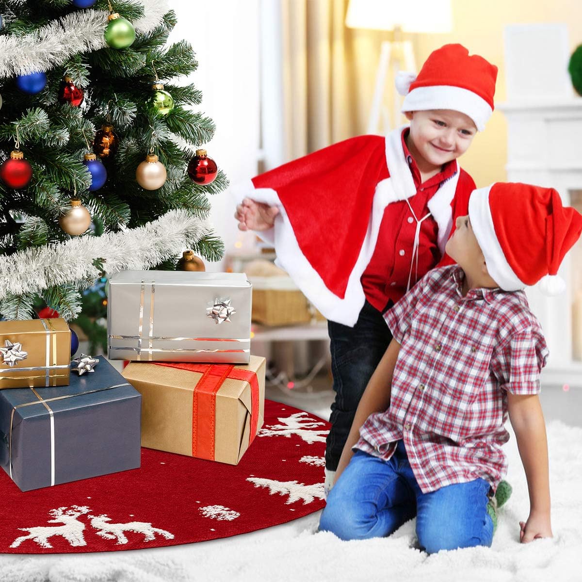 Huanchenda Christmas Tree Skirt 48 Inches Knitted Tree Skirt Elk Christmas Red Tree Dress Tree Mat for Holiday Decoration New Year Party (Red) : Home & Kitchen