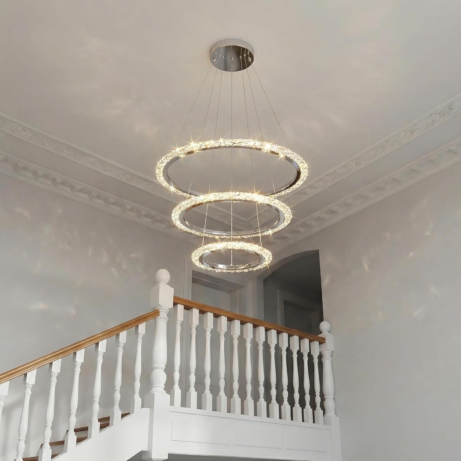 Modern LED Chandelier 𝐃𝟑𝟏.𝟓" 3 Ring Crystal Chandeliers for Dining Room Ceiling Lighting Fixture Adjustable Height Round Pendant Lights Silver Ring Chandelier for Living Room Bedroom